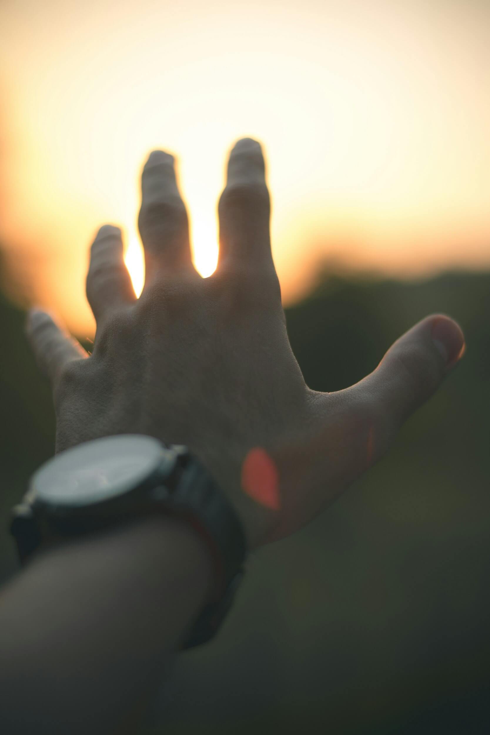 hand reaching toward sunset light hand reaching toward sunset light