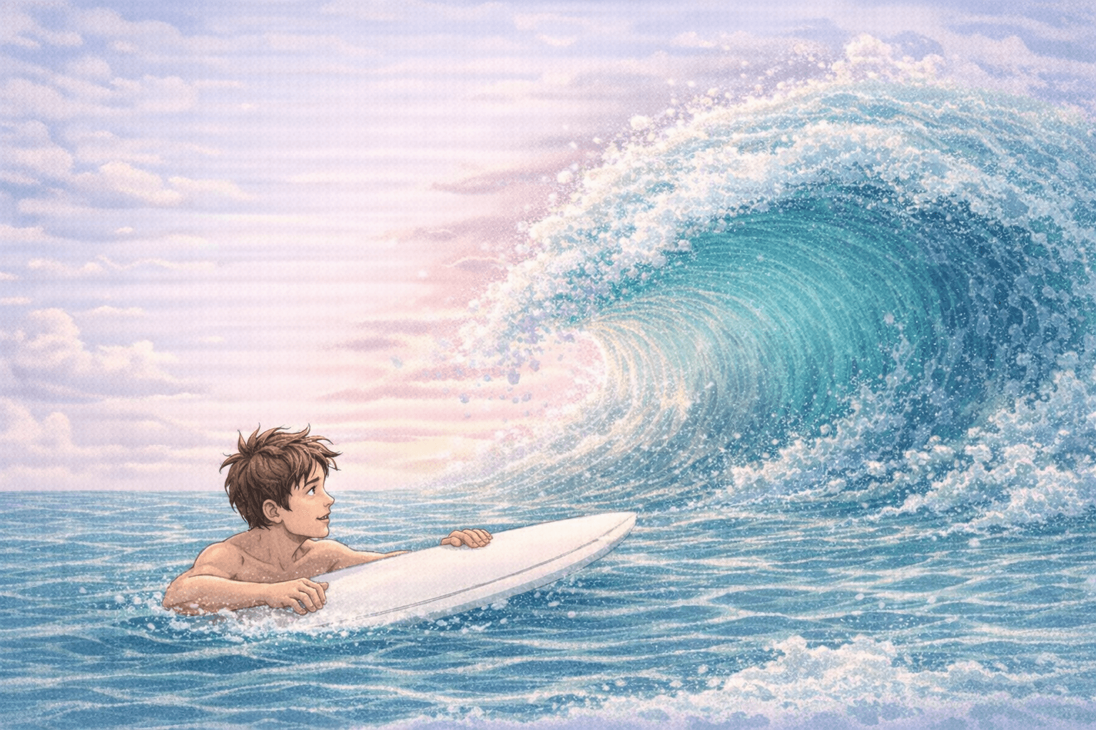 hanging onto a surf board in a wave
