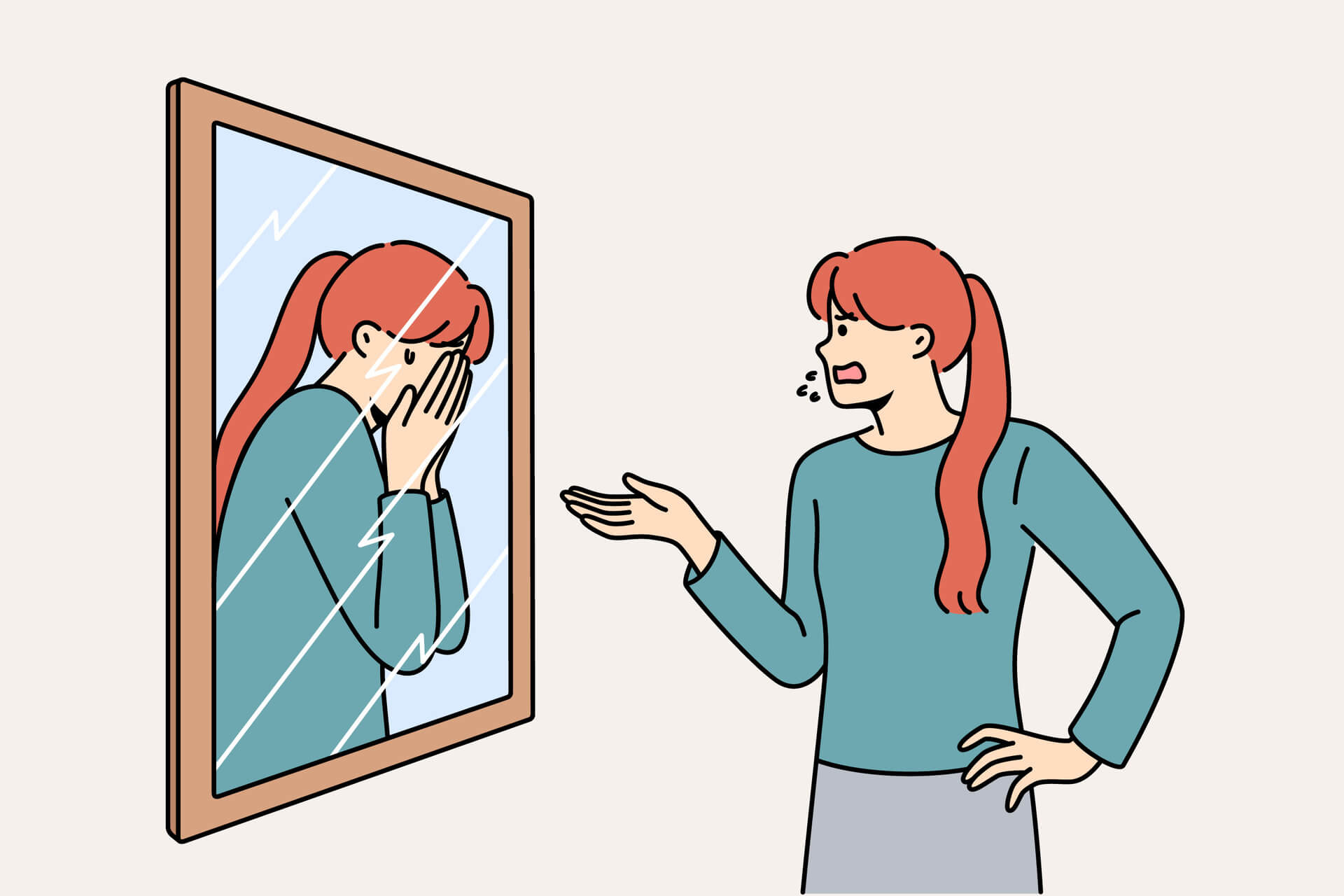 self criticism cartoon woman in mirror
