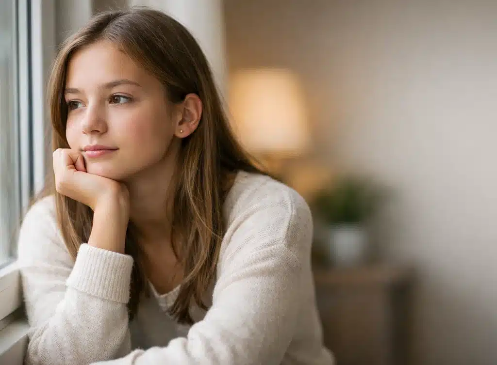 A small group of teenage girls sitting together in a calm and supportive setting, one girl looking thoughtful while others gently listen, natural daylight, warm neutral tones, realistic candid interaction, safe and welcoming atmosphere, shallow depth of field, soft background blur, modern counseling or home environment, horizontal layout for website section