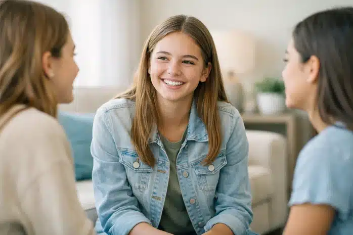 Confident teenage girl connecting with peers in a supportive counseling setting in Orem, Utah.