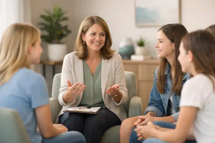 A small group of teenage girls participating in a guided discussion in a modern counseling office, relaxed but attentive expressions, natural daylight, warm neutral tones, structured seating arrangement in a circle, clean and professional setting, authentic and candid photography, shallow depth of field, horizontal layout for website section, calm and supportive atmosphere<br />
