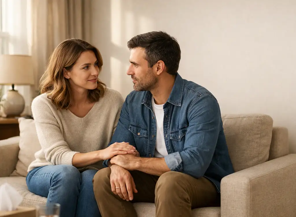 Couple sitting together showing emotional connection during a relationship counseling process