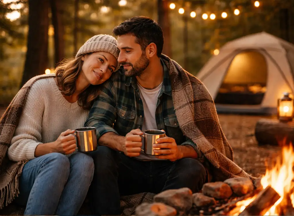 Couple sitting together by a campfire sharing a warm and supportive moment.