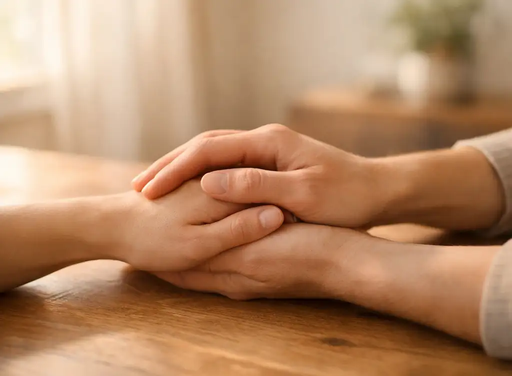 wo people holding hands as a gesture of emotional support and connection.