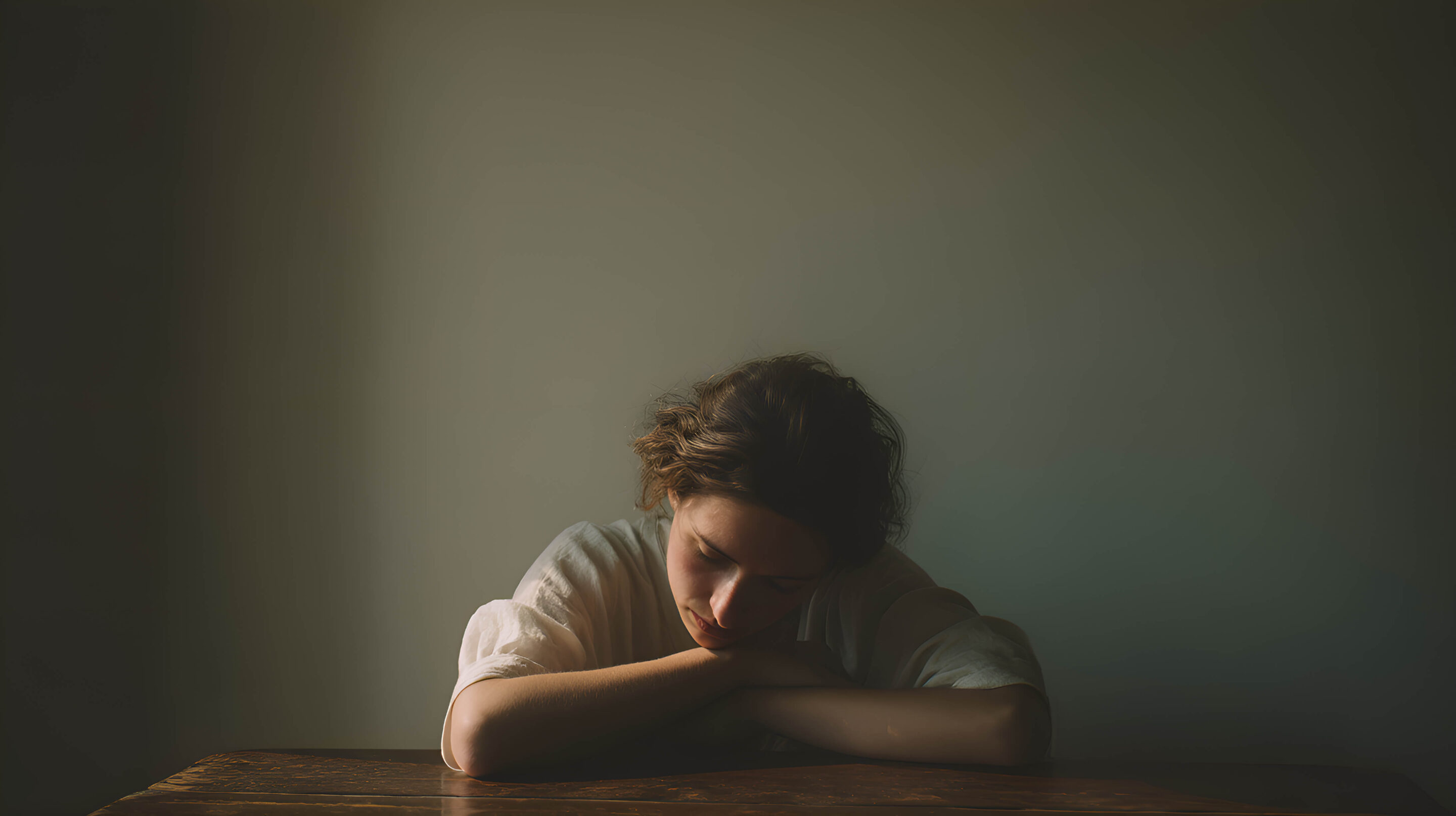 sad woman leaning on a table with her head down<br />
