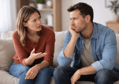 couple having a hard conversation on the couch