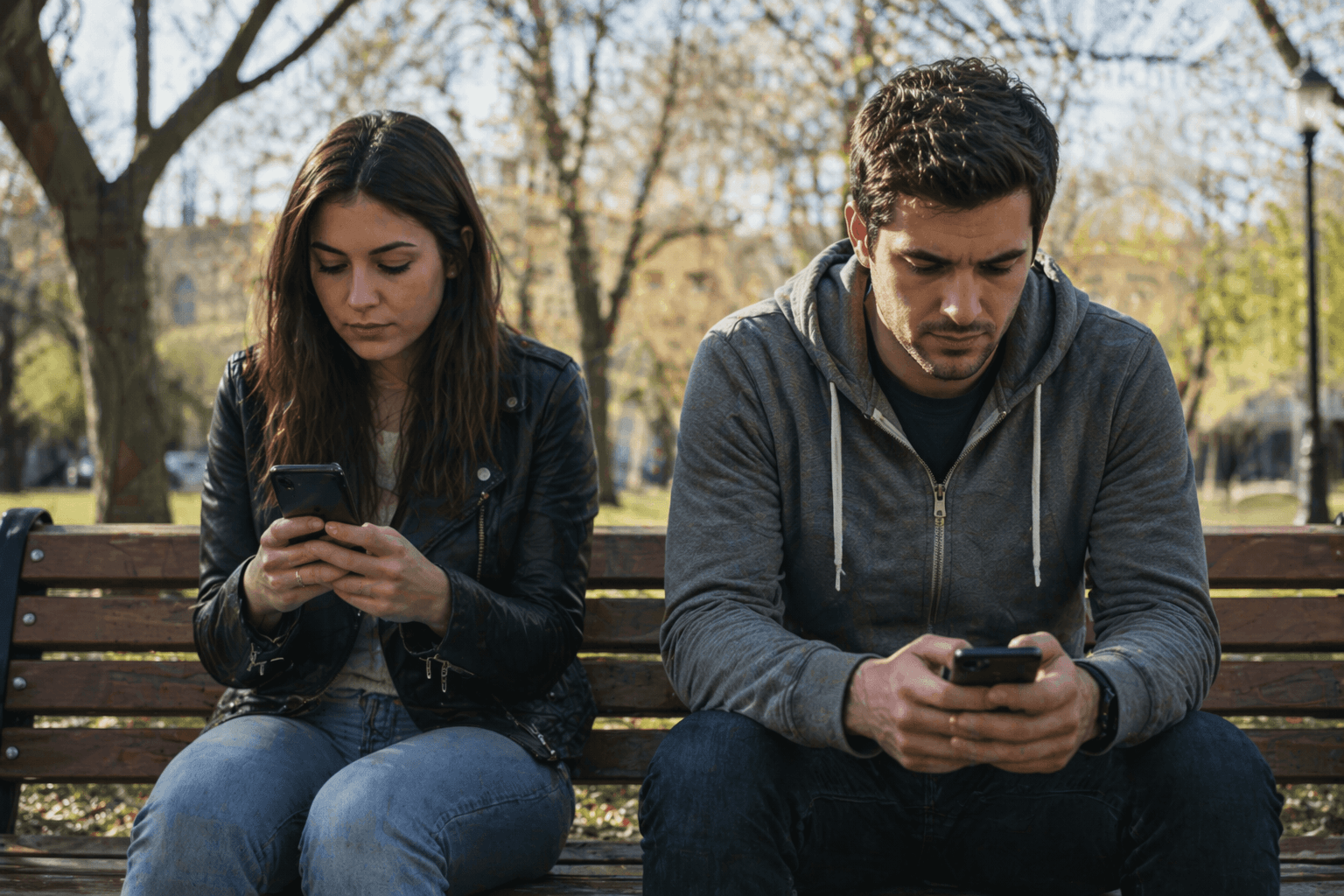 couple disconnected on a park bench on their phones<br />
