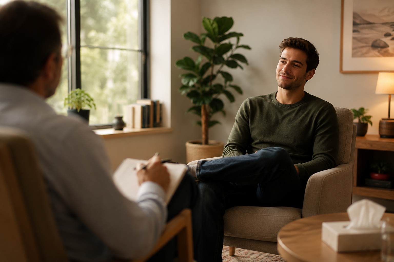 man in therapy smiling
