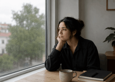 Woman contemplating life while looking out the window