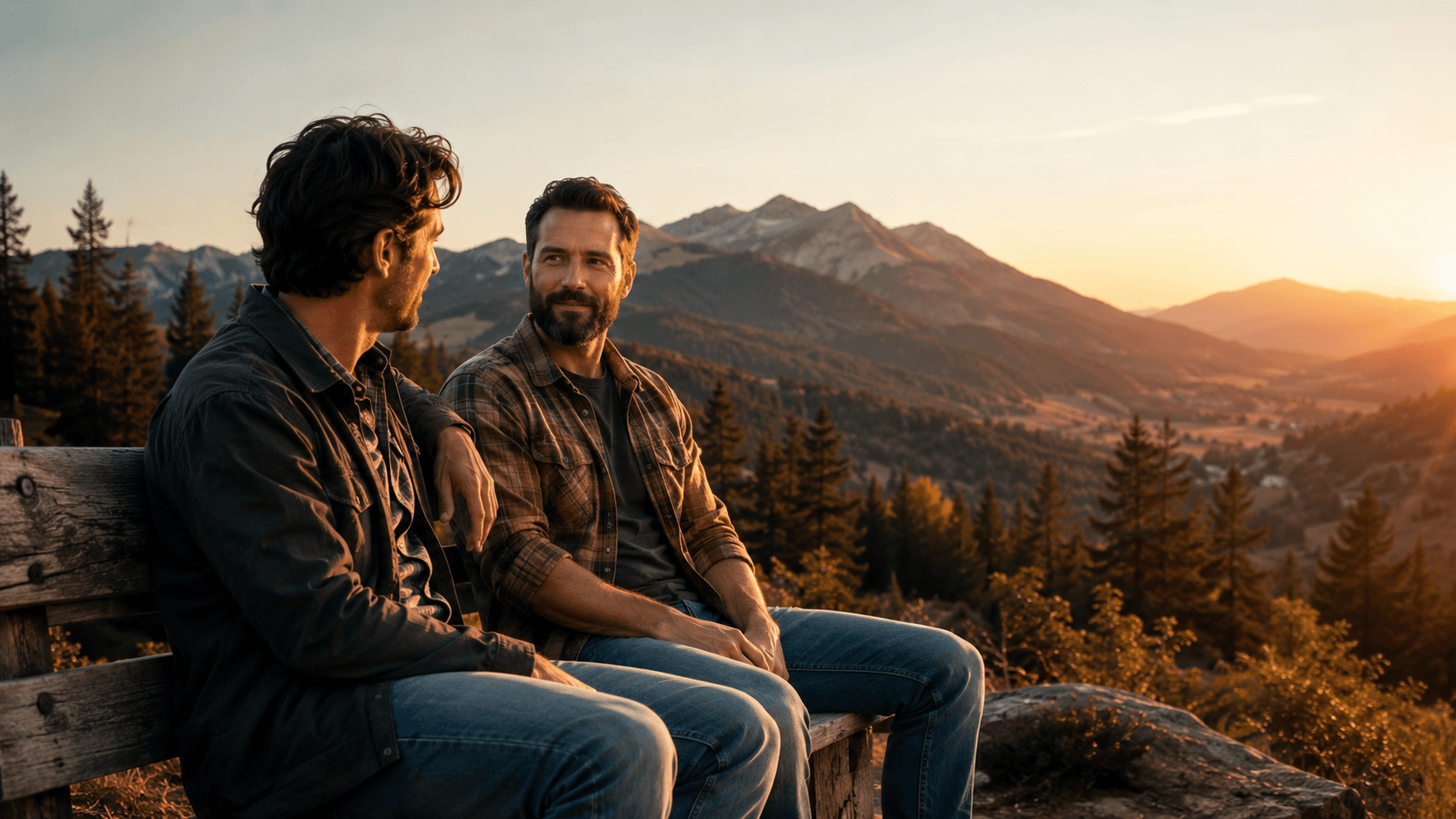 two men sitting on a bench talking