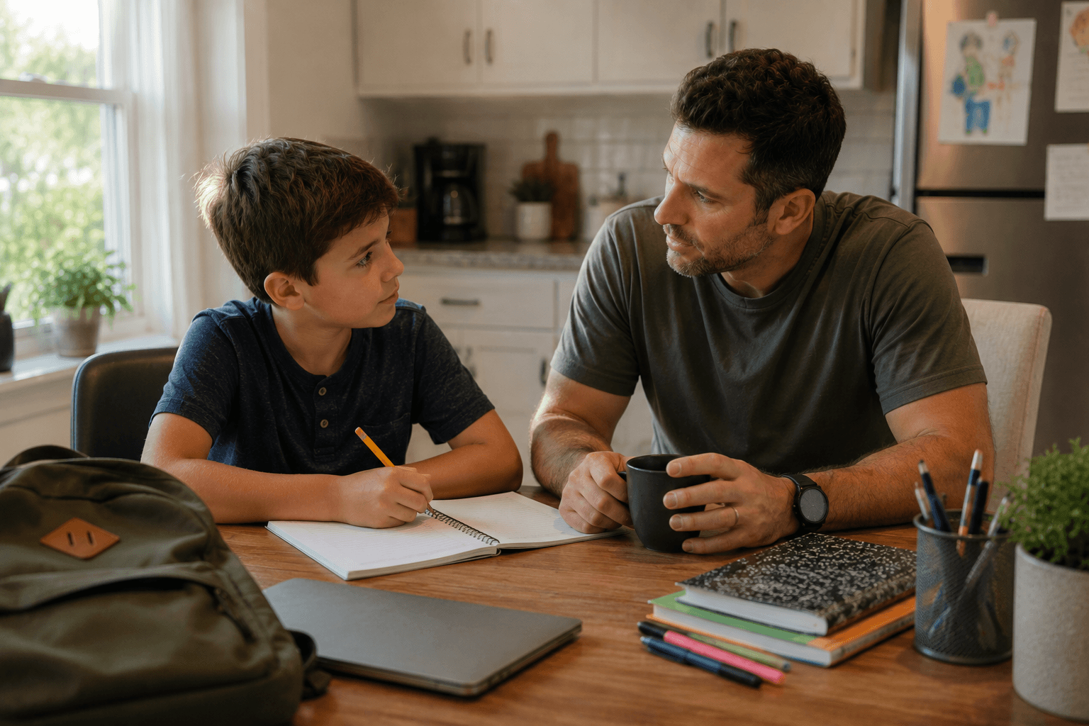 Parent talking calmly with a child while preparing a backpack for school