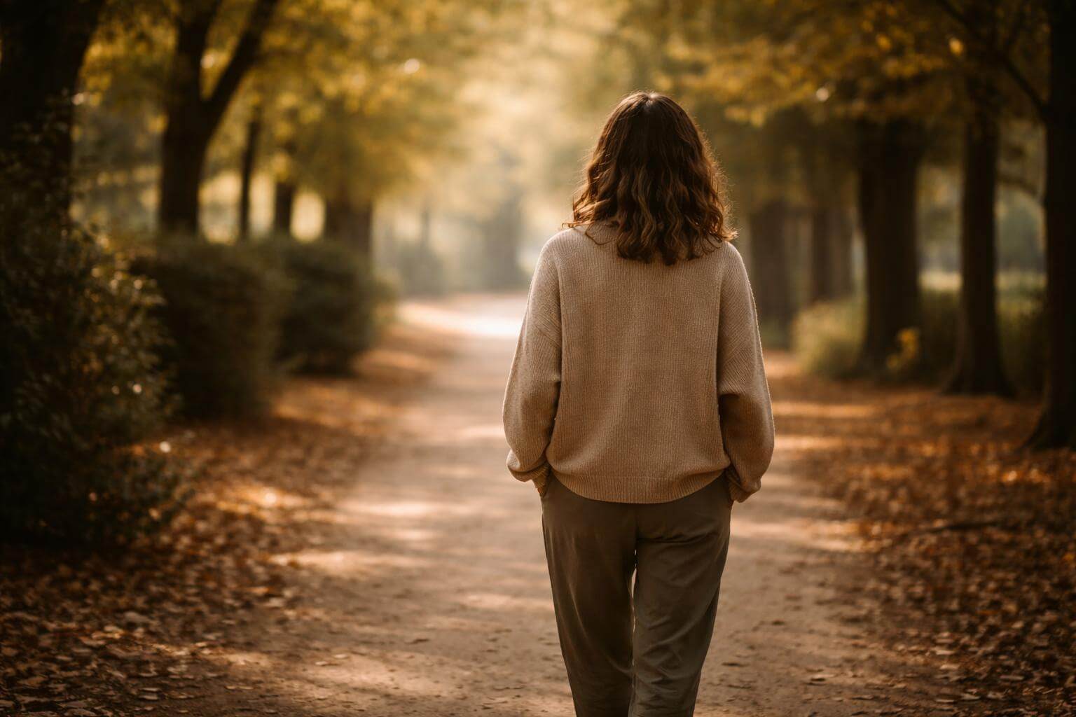 A woman walking along a peaceful outdoor path