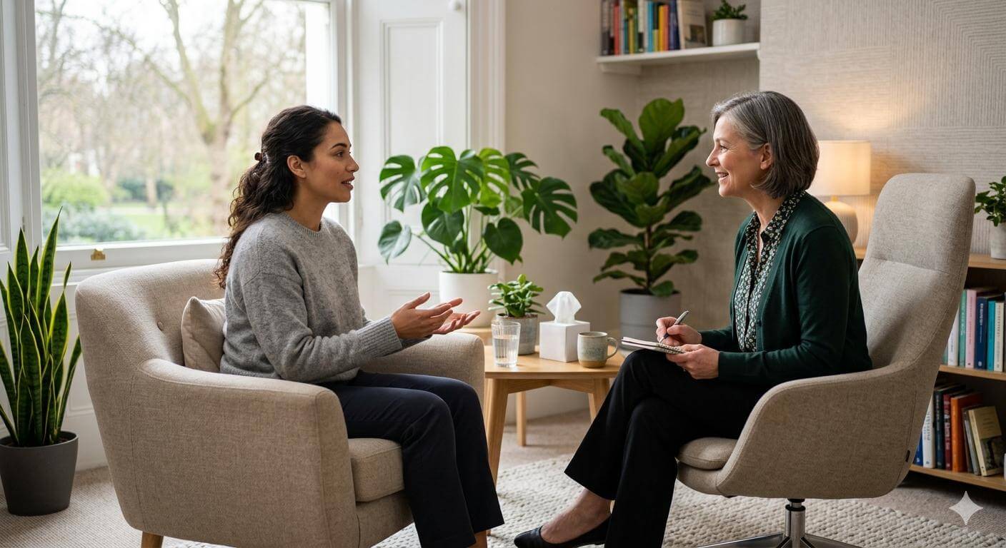 Two women in a calm counseling environment one listening attentively to the other