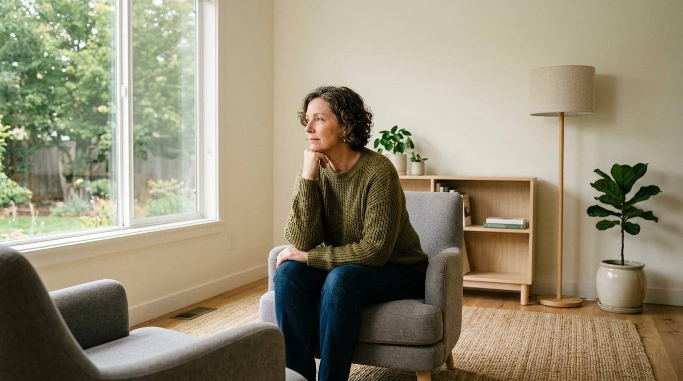 woman sitting on a chair looking out a window